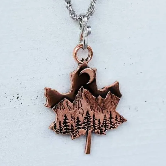 Maple Leaf Pendant Necklace with Mountains and Moon #1124 - Picture 8 of 8